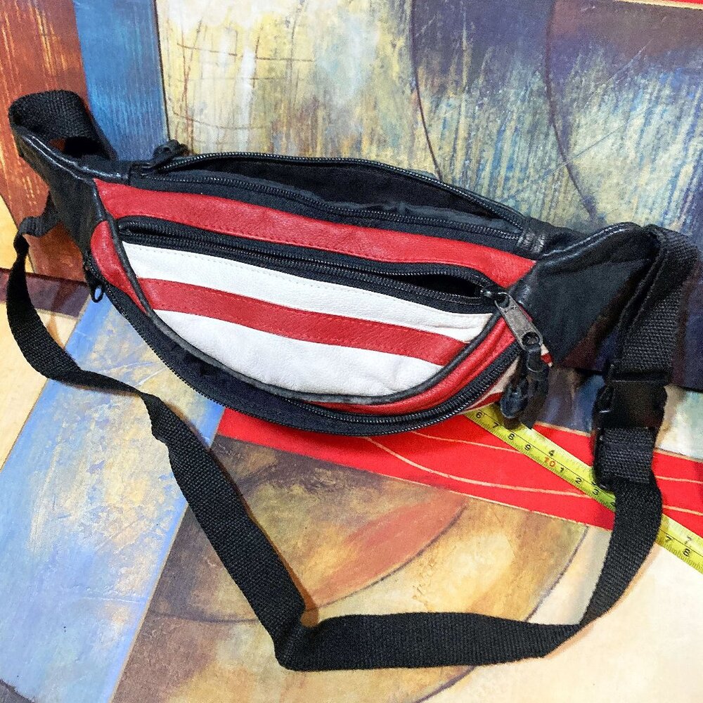 VINTAGE 90's ADULT UNISEX FANNY PACK BAG LEATHER USA FLAG ZIPPER FANNIE BAG - Picture 2 of 5